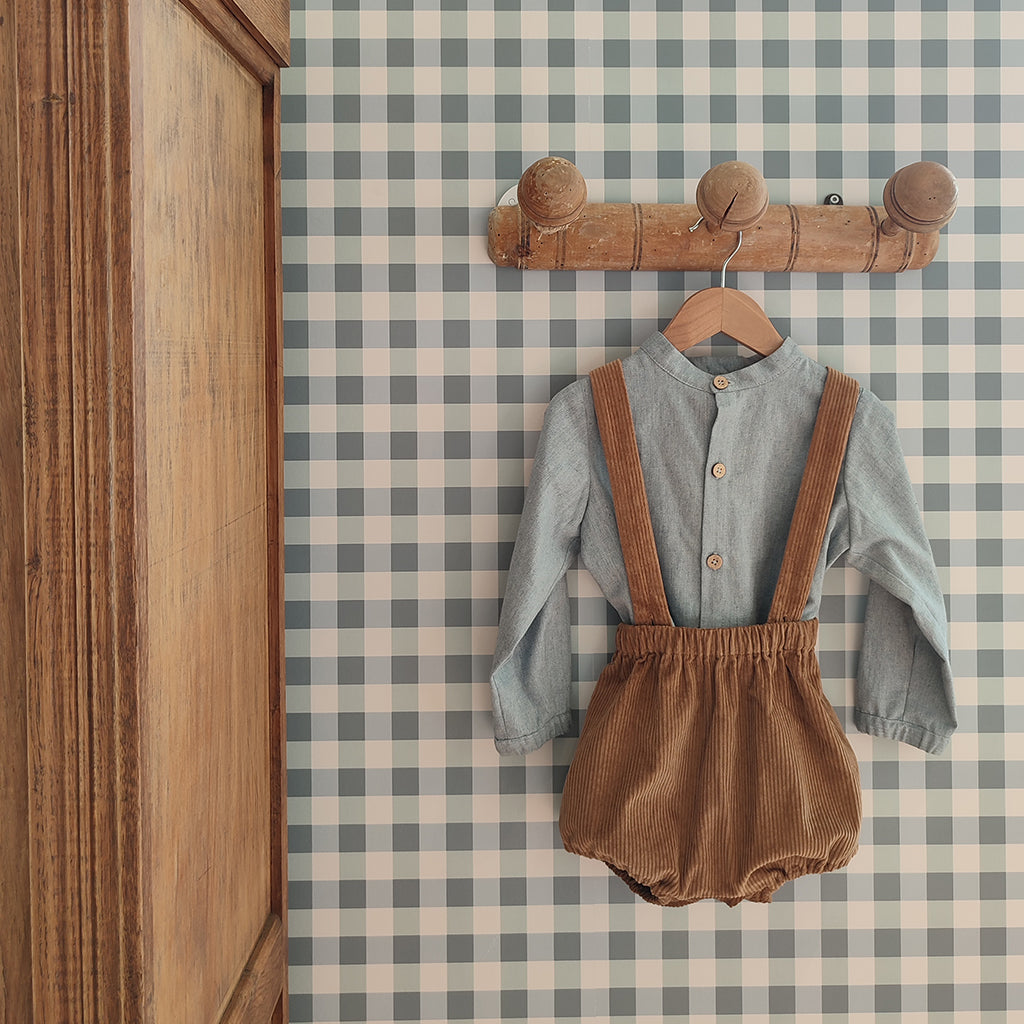 bloomer velours cotelé à bretelles, coloris praline. Coton bio GOTS. Fabriqué en France