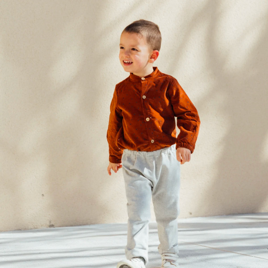 Pantalon enfant reversible mixte en coton bio gris clair chiné. Made in provence