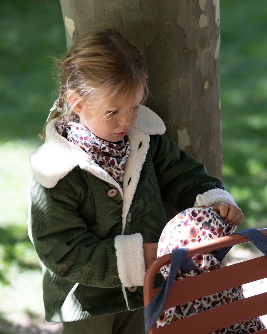 Veste enfant velours vert olive doublé sherpa SAUGE