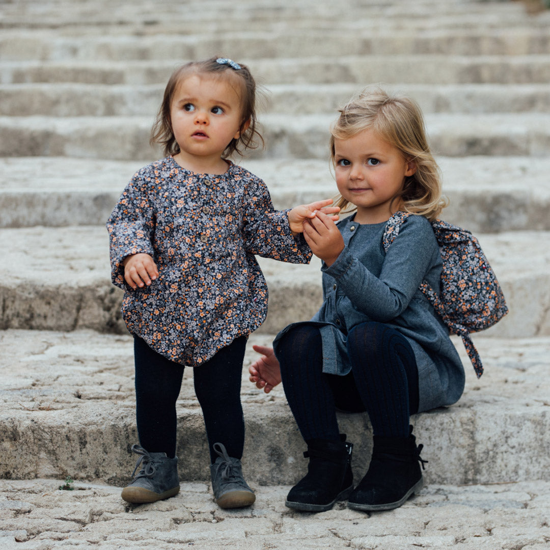 Barboteuse bébé bleu marine imprimé fleurs, coton bio GOTS