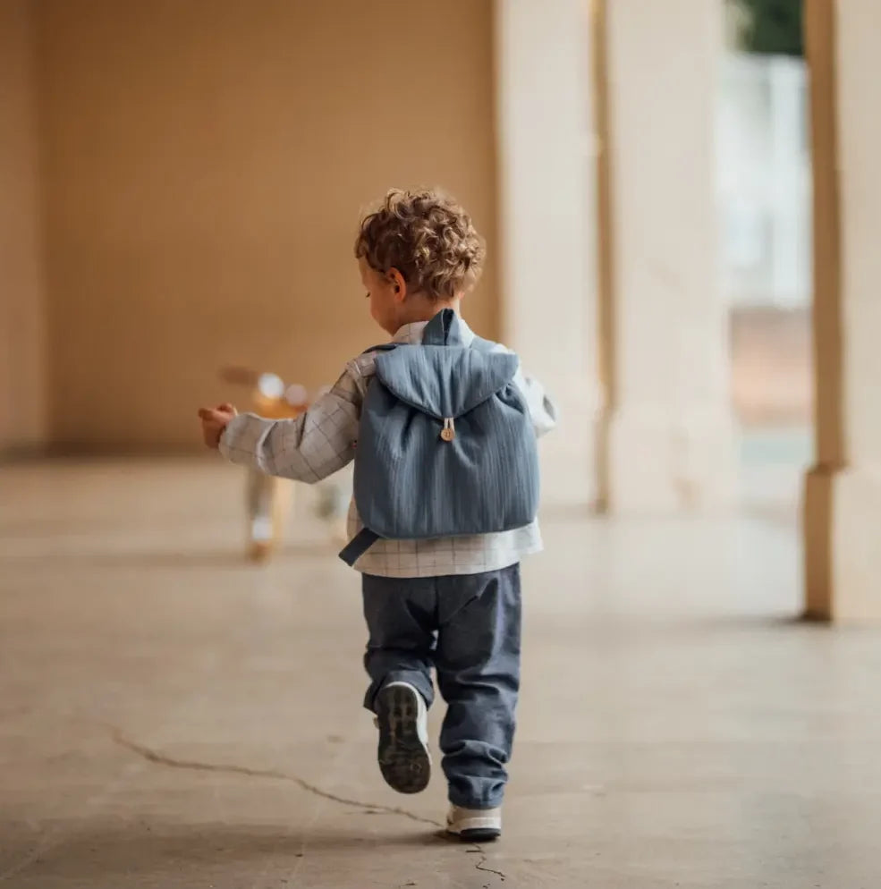 Sac à dos bébé personnalisé bleu GENET, tissu twin de coton bio GOTS