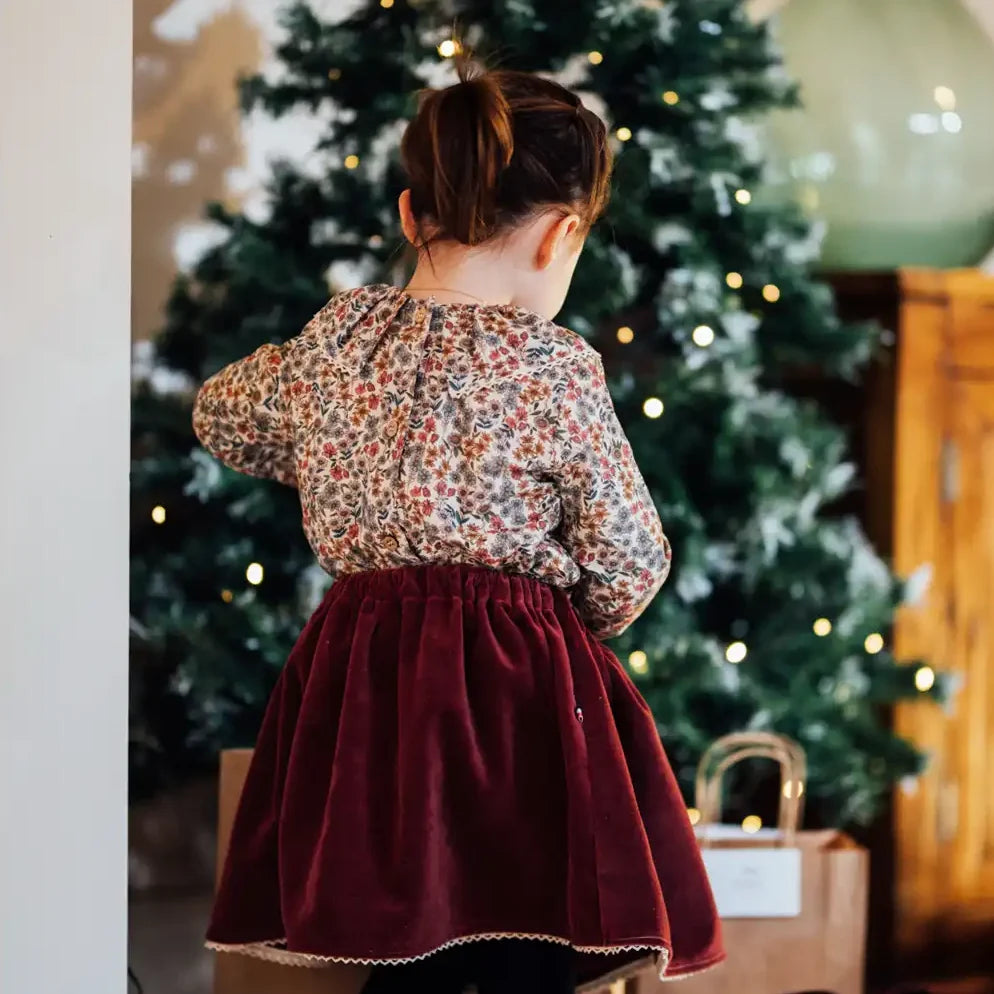Jupe de fête enfant VERVEINE, en velours bordeaux, coton bio GOTS