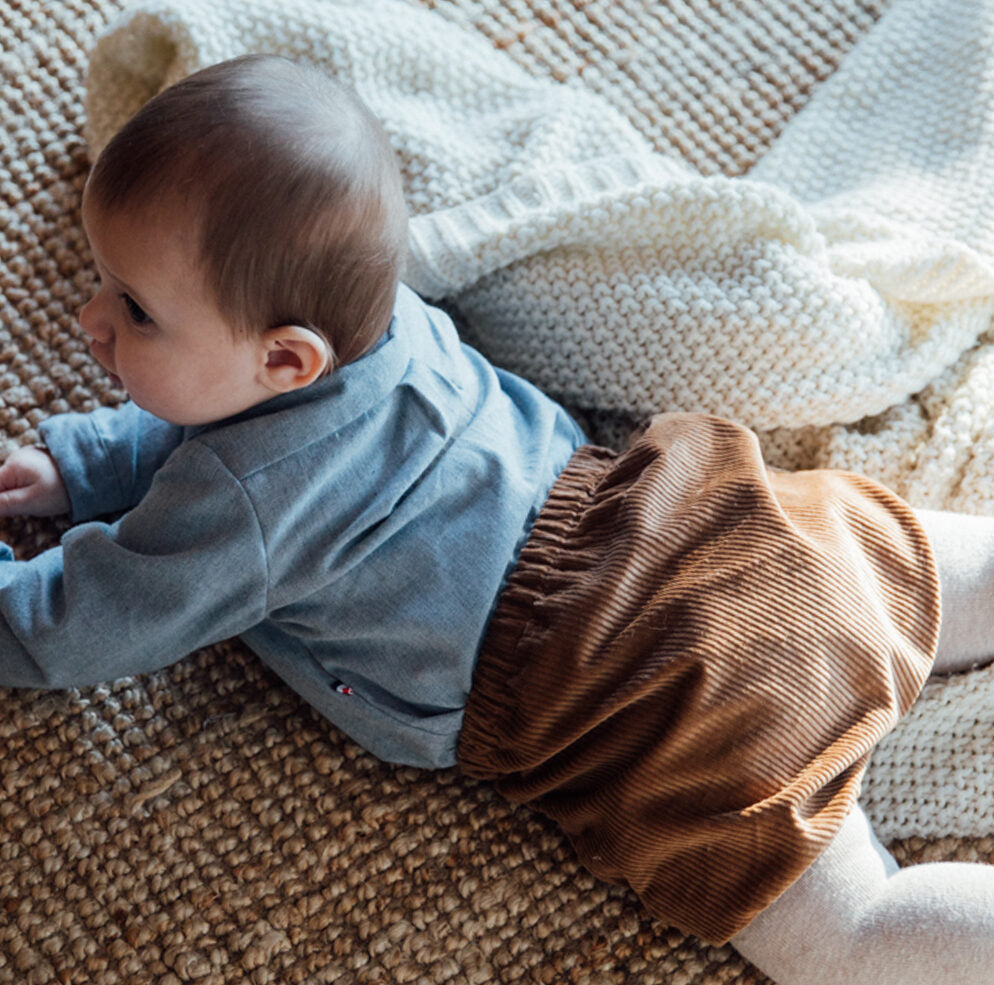 bloomer velours cotelé à bretelles, coloris praline. Coton bio GOTS. Fabriqué en France