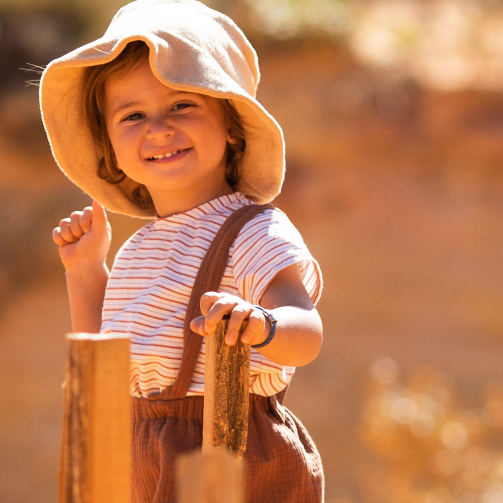 top enfant rayures marin sienne et blanche