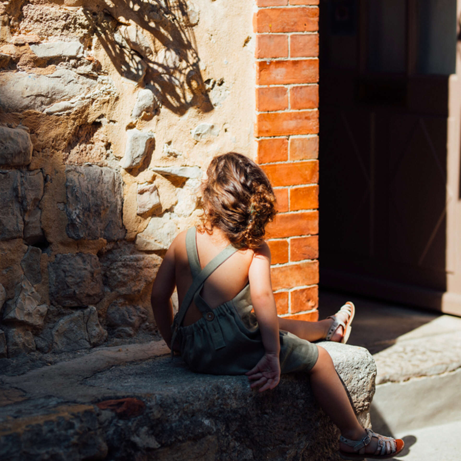 Salopette enfant lin olive ORIGAN