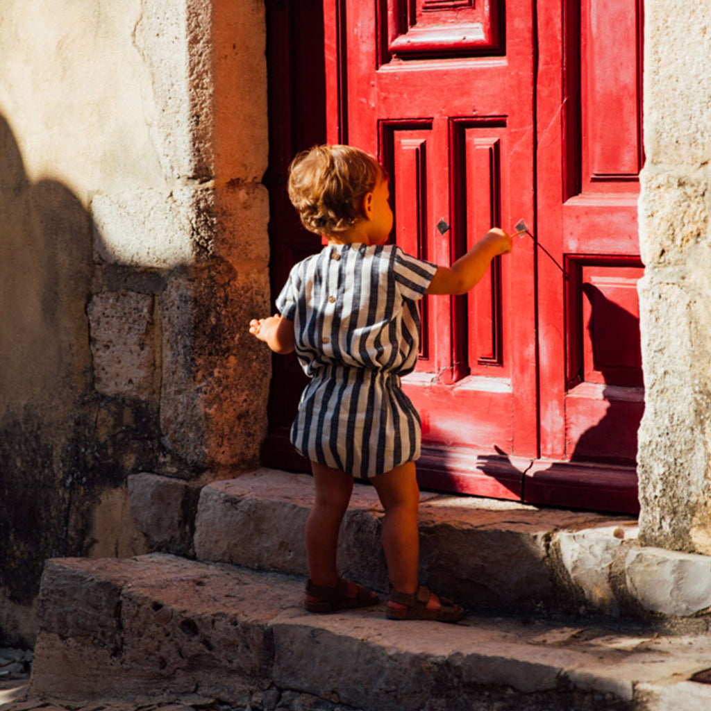 T-shirt enfant rayures Basilic, tissu coton/lin