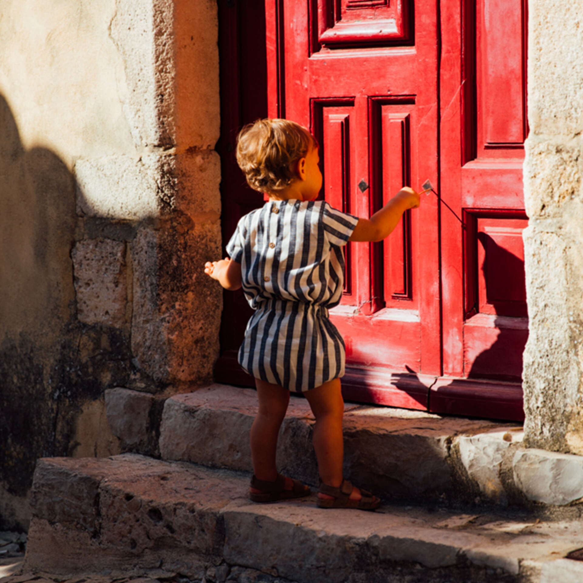 T-shirt enfant rayures Basilic, tissu coton/lin