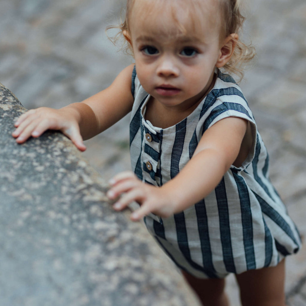 Barboteuse bébé rayures, en coton/lin