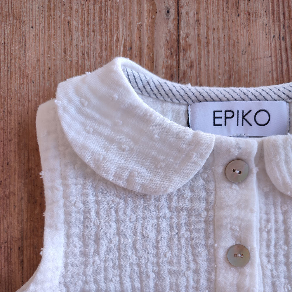 Barboteuse blanche JASMIN, en double gaze de coton plumetis