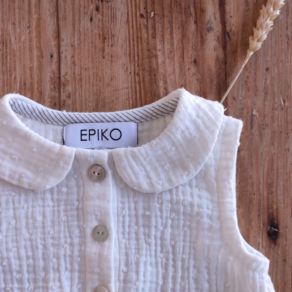 Epiko Barboteuse blanche JASMIN, en double gaze de coton plumetis Mode durable made in france et europe