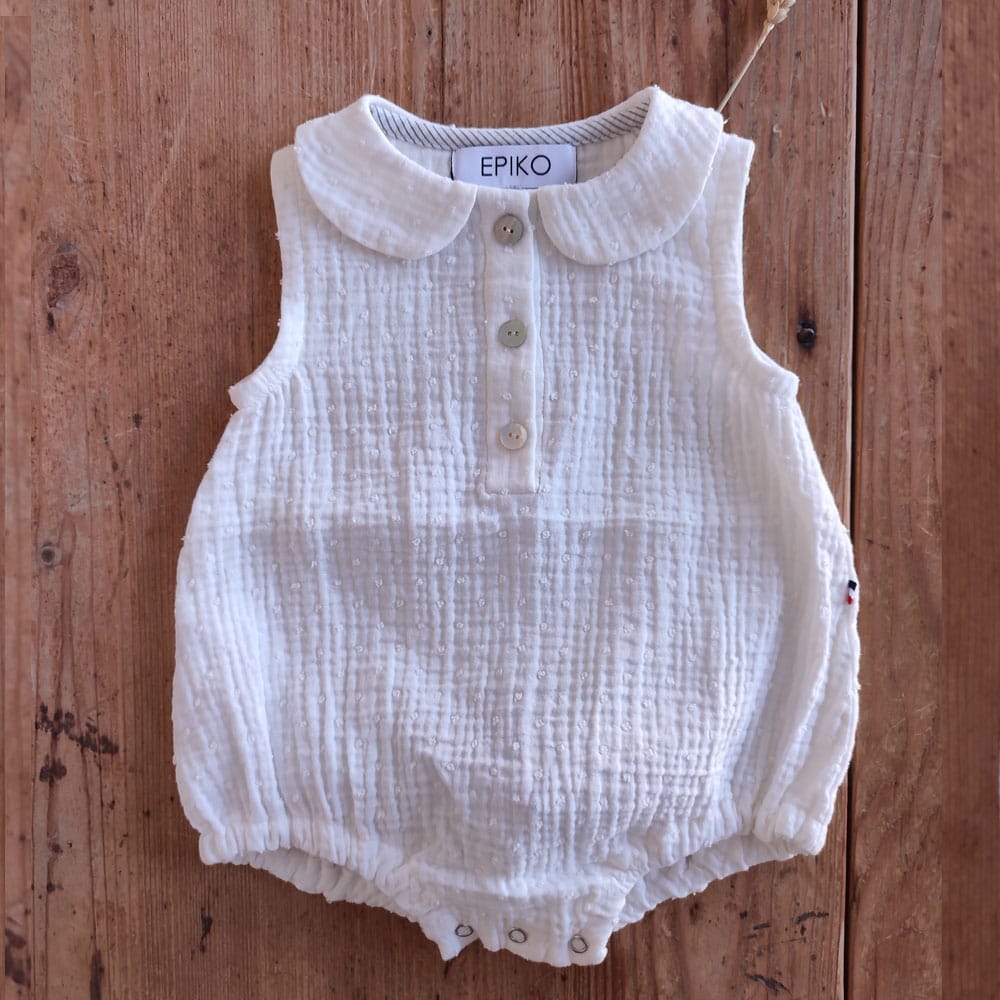 Epiko Barboteuse blanche JASMIN, en double gaze de coton plumetis Mode durable made in france et europe